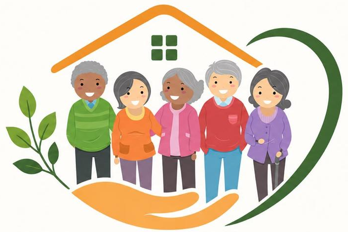 Ilustração da identidade do Lar Nova Vida: idosos acolhidos por mãos que formam um lar