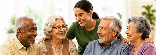Imagem ilustrativa do cartaz: encontro acolhedor entre idosos e uma visitante